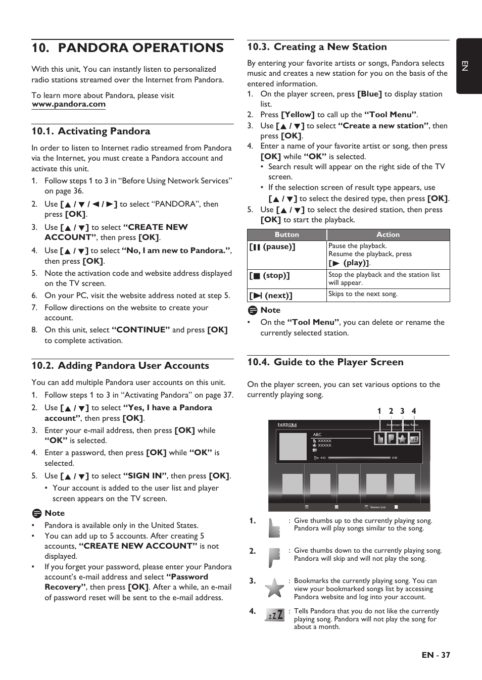 Pandora operations, Activating pandora, Adding pandora user accounts | Creating a new station, Guide to the player screen, Ork services, Twork services, Rmation on network services | Philips HTS5506/F8 User Manual | Page 37 / 68