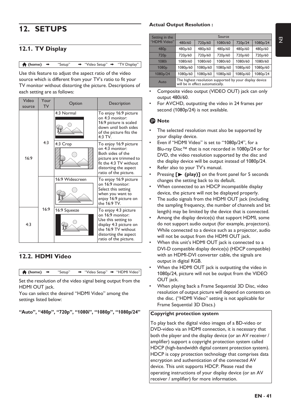 Setups, Tv display, Hdmi video | Ng a new station, To the player screen | Philips HTS5506/F8 User Manual | Page 41 / 68