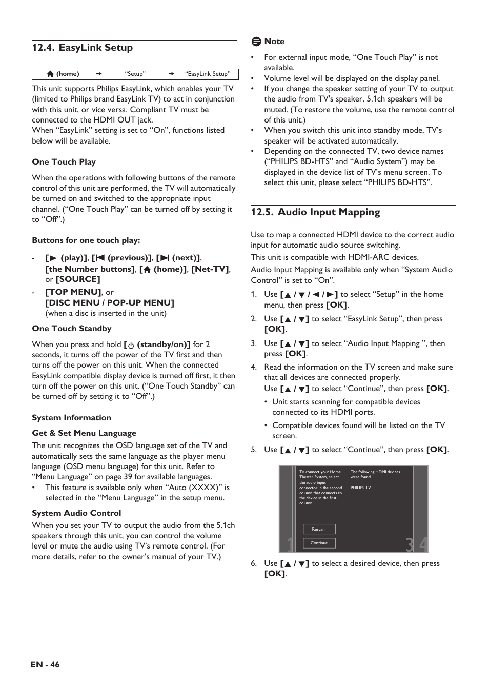 Easylink setup, Audio input mapping | Philips HTS5506/F8 User Manual | Page 46 / 68