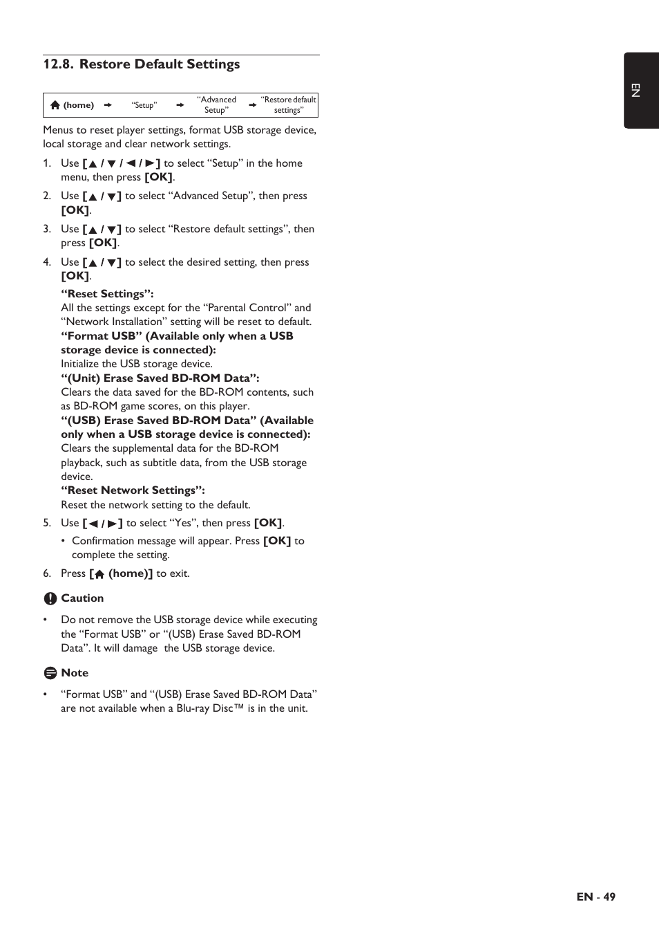 Restore default settings, Twork installation | Philips HTS5506/F8 User Manual | Page 49 / 68