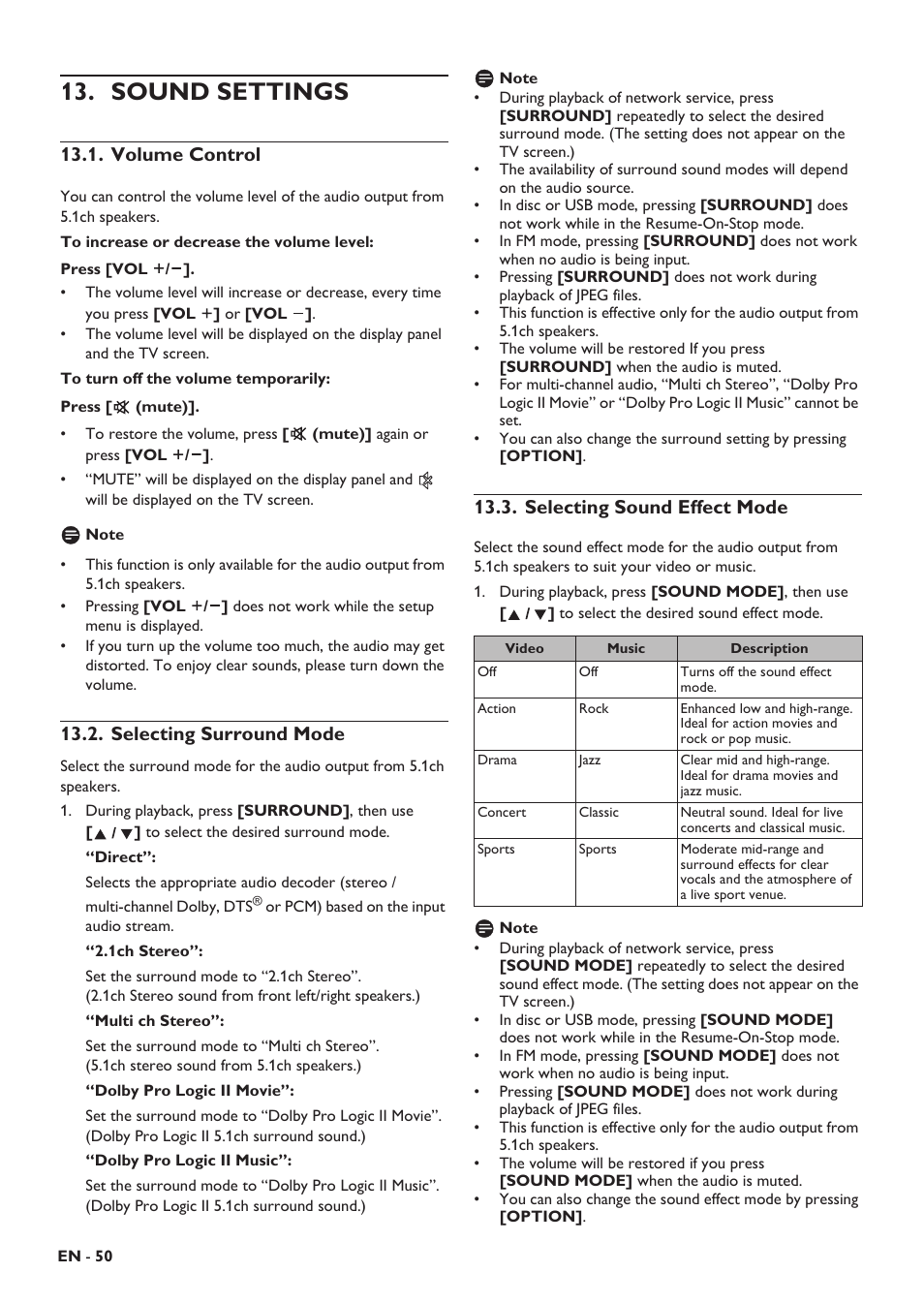 Sound settings, Volume control, Selecting surround mode | Selecting sound effect mode, Input mapping, Ftware update, Re default settings | Philips HTS5506/F8 User Manual | Page 50 / 68