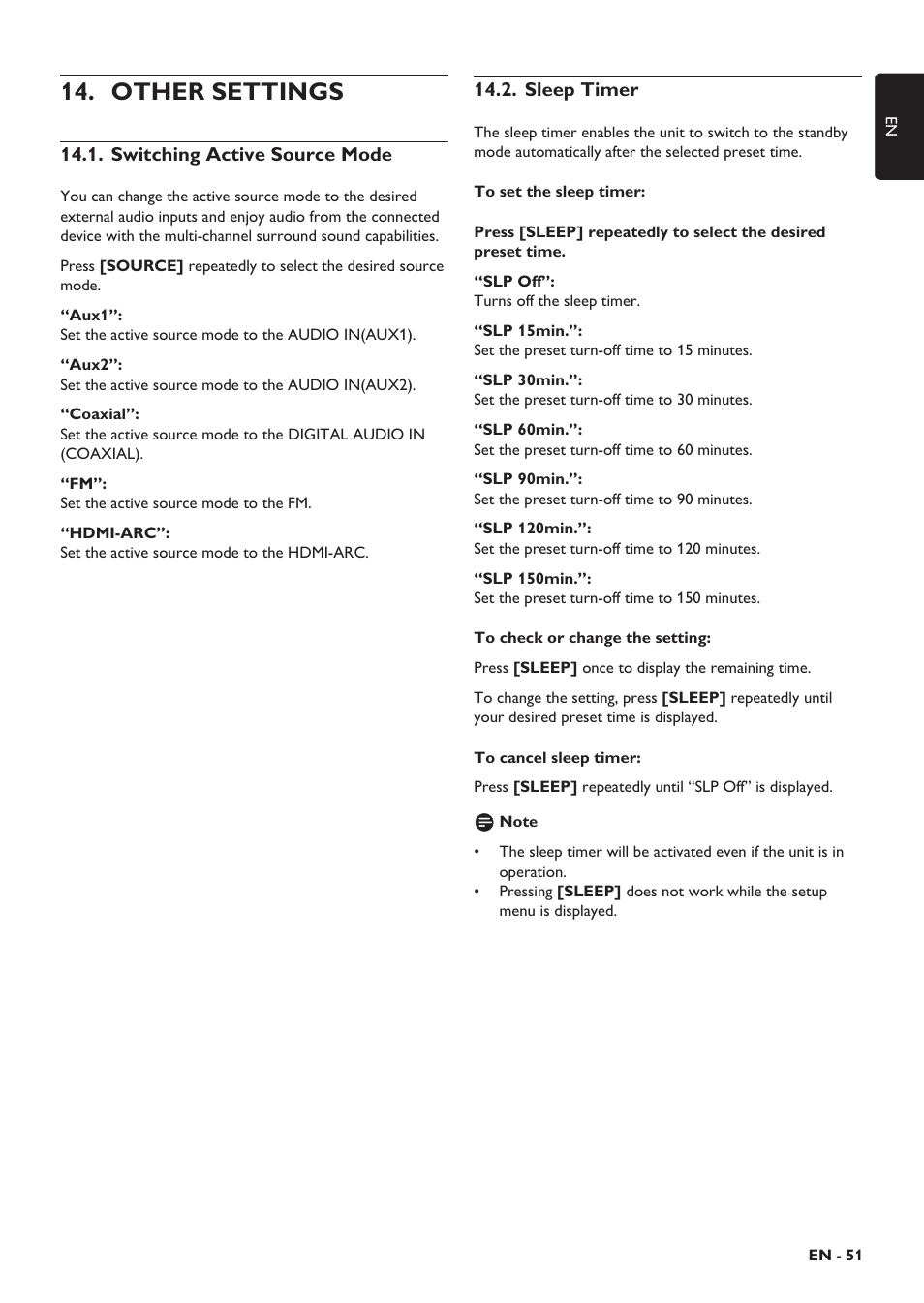 Other settings, Switching active source mode, Sleep timer | Settings, Ntrol, Ting surround mode | Philips HTS5506/F8 User Manual | Page 51 / 68