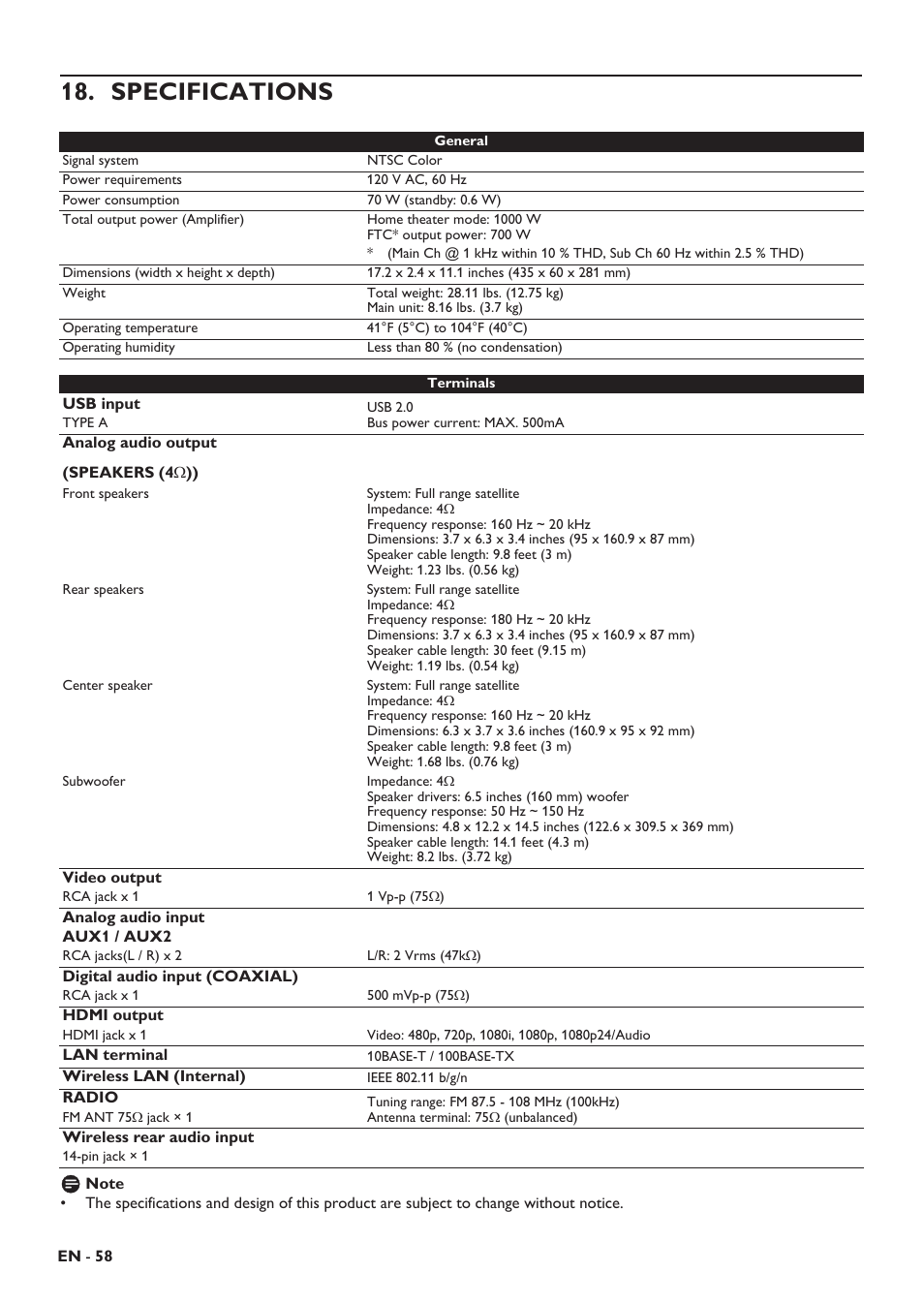 Specifications, Ossary | Philips HTS5506/F8 User Manual | Page 58 / 68