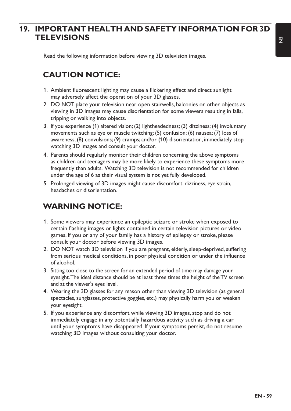 Ple who are susceptible to motion sickness, N from w, In stop mo | Caution notice, Warning notice | Philips HTS5506/F8 User Manual | Page 59 / 68