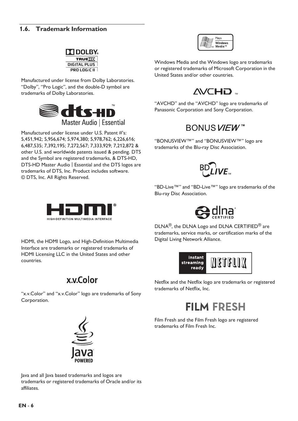 Trademark information | Philips HTS5506/F8 User Manual | Page 6 / 68