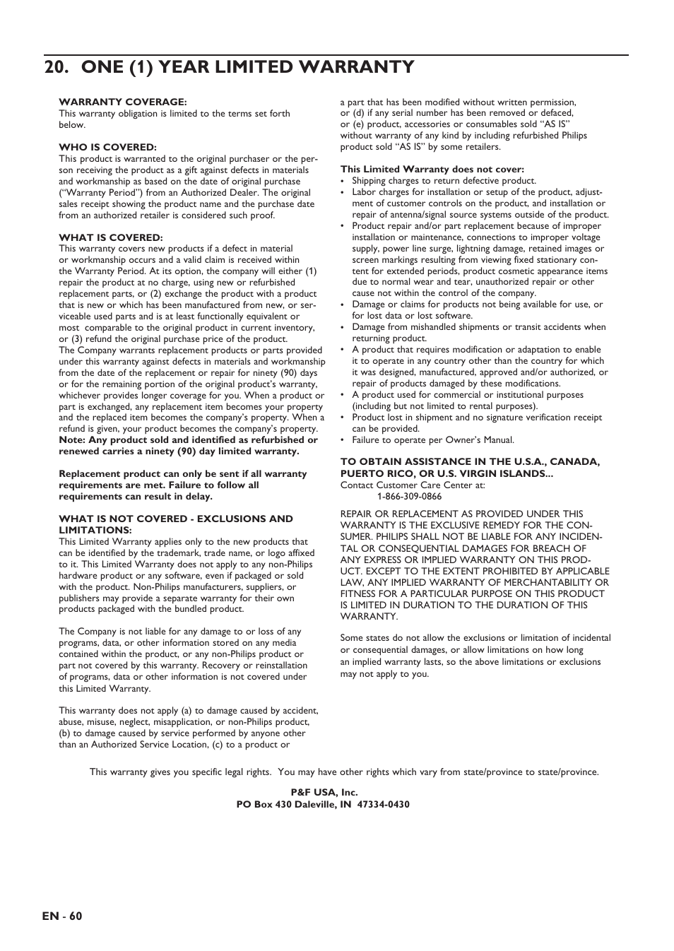 One (1) year limited warranty | Philips HTS5506/F8 User Manual | Page 60 / 68