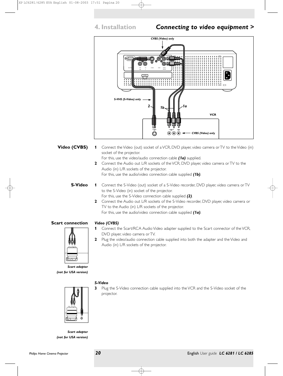 Installation, Connecting to video equipment, Video (cvbs) s-video scart connection | S-video | Philips LC 6285 User Manual | Page 20 / 44