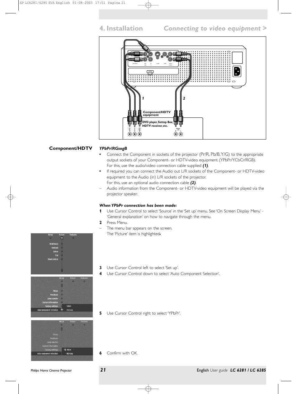 Installation, Connecting to video equipment, Pr/r, pb/b,y/g | Component/hdtv | Philips LC 6285 User Manual | Page 21 / 44