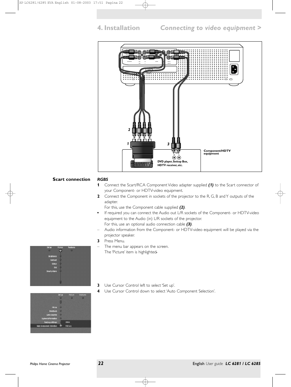 Installation, Connecting to video equipment, Scart connection | Philips LC 6285 User Manual | Page 22 / 44