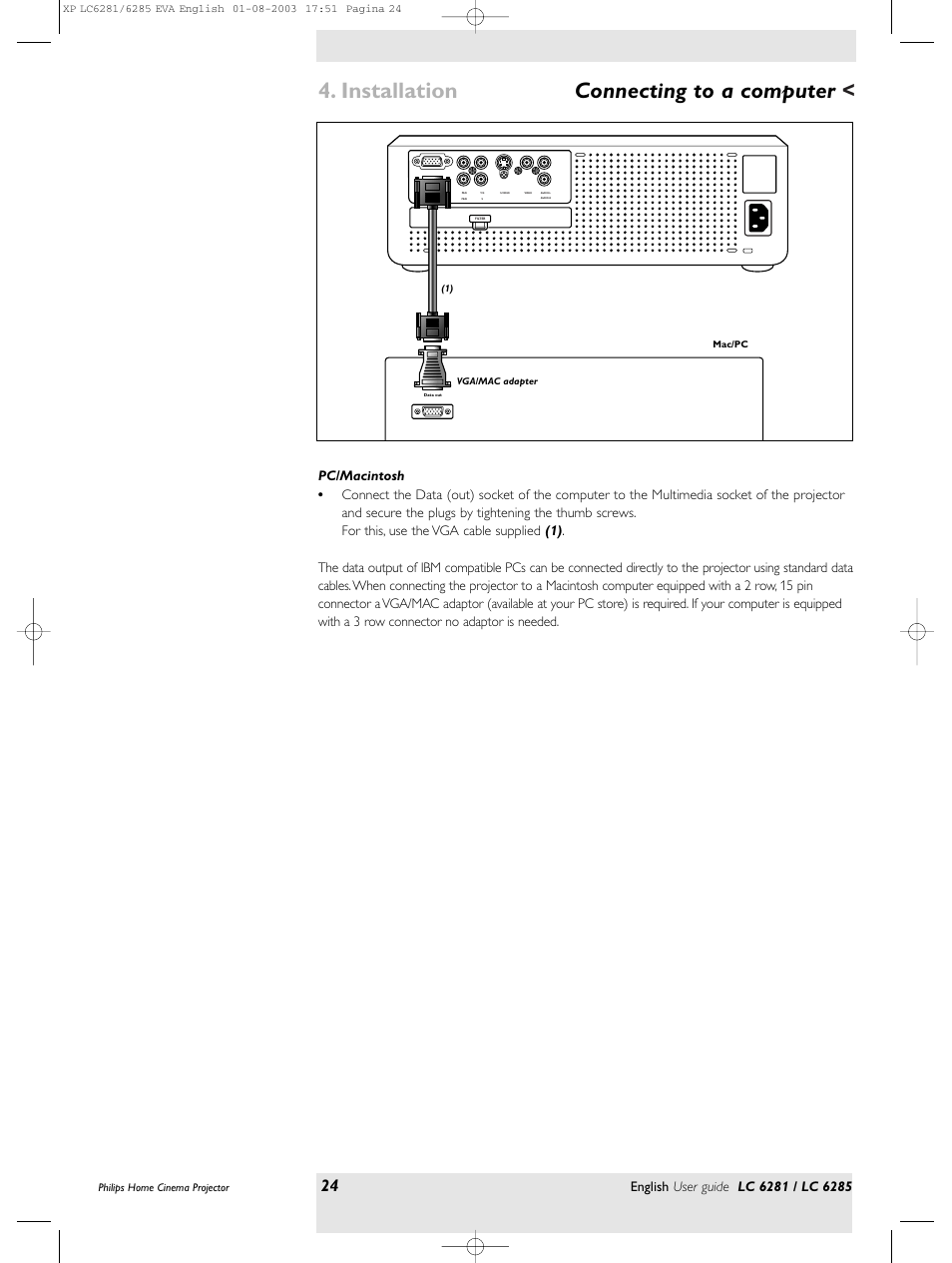 Installation, Connecting to a computer | Philips LC 6285 User Manual | Page 24 / 44