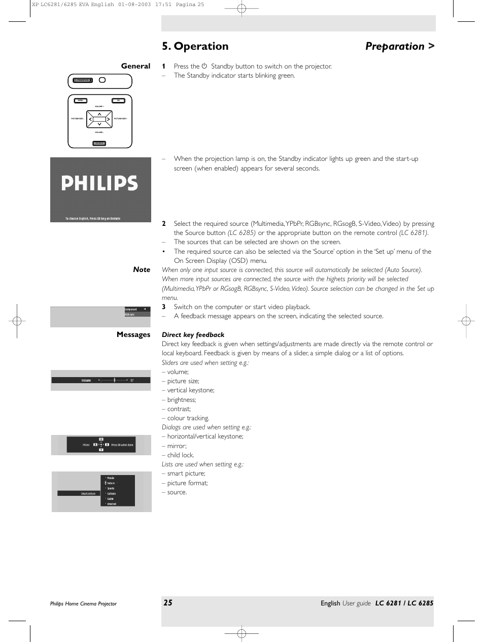 Operation, Preparation | Philips LC 6285 User Manual | Page 25 / 44