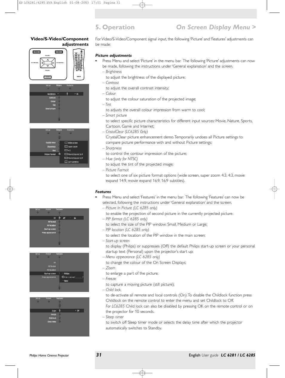 Operation on screen display menu | Philips LC 6285 User Manual | Page 31 / 44