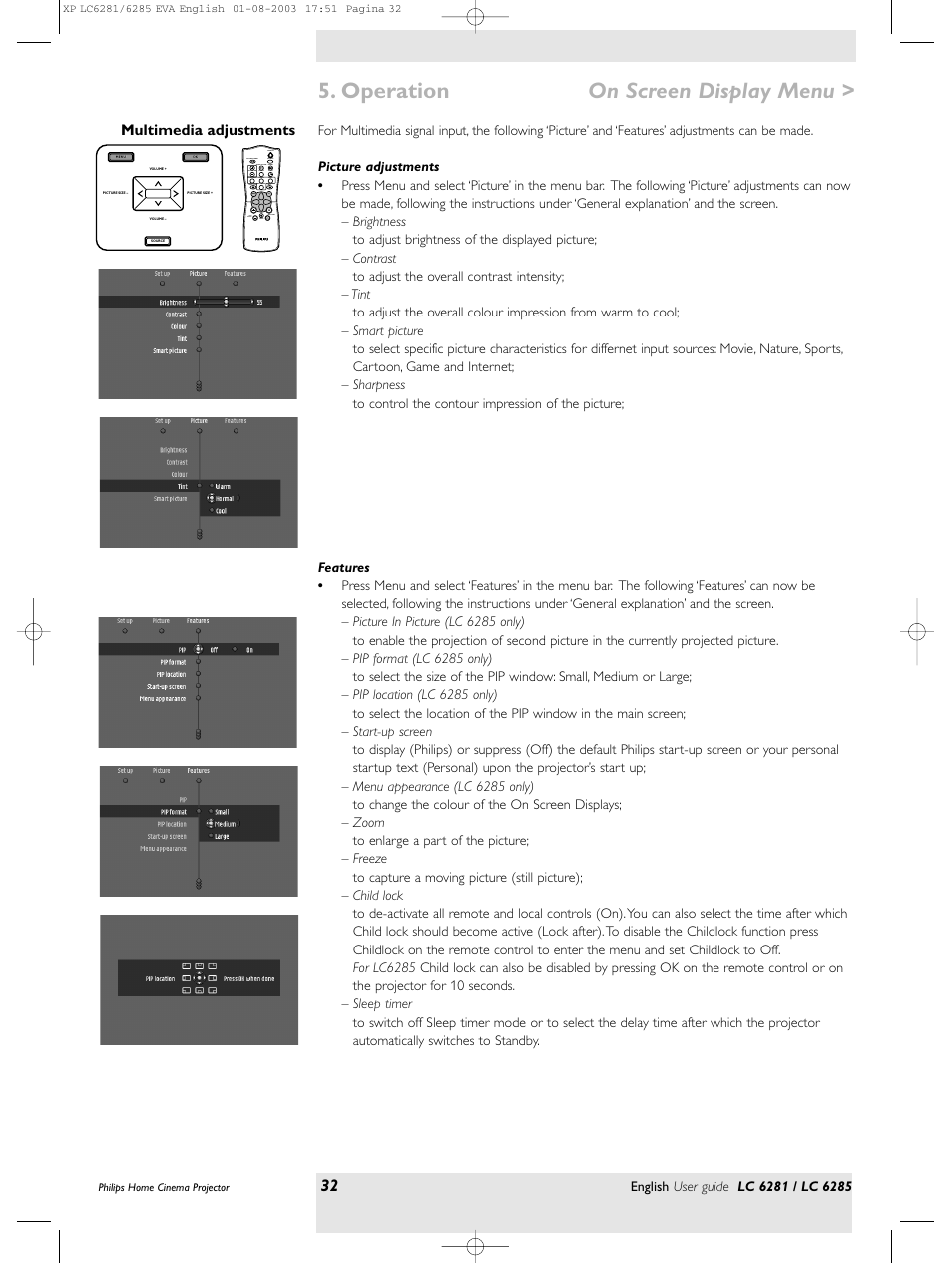 Operation on screen display menu | Philips LC 6285 User Manual | Page 32 / 44