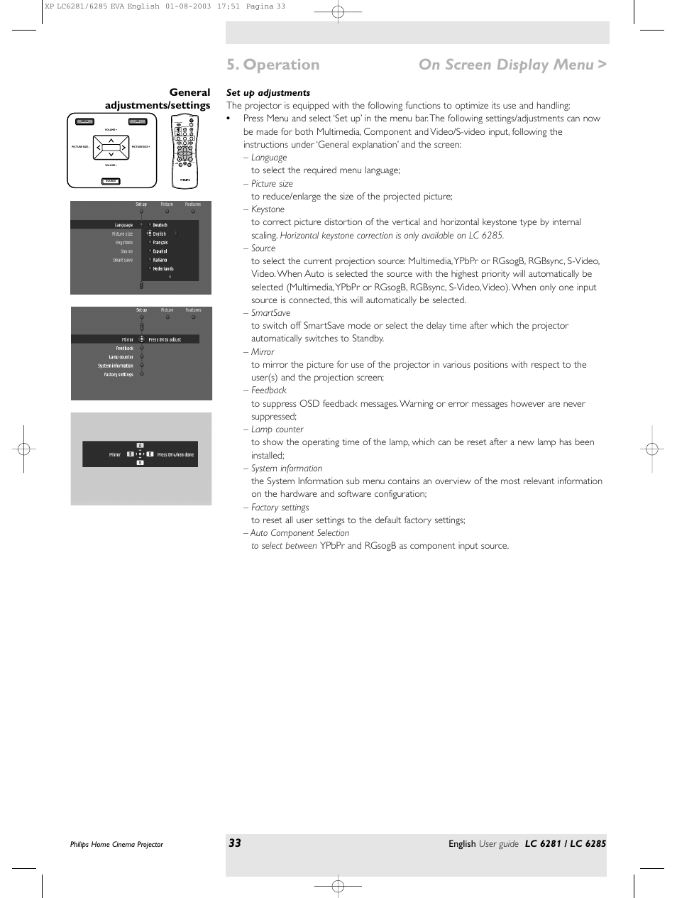 Operation on screen display menu | Philips LC 6285 User Manual | Page 33 / 44