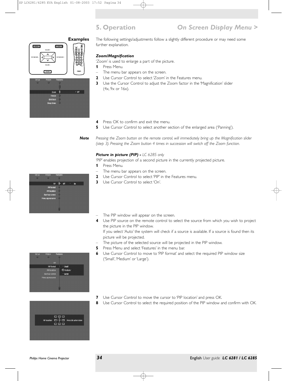 Operation on screen display menu | Philips LC 6285 User Manual | Page 34 / 44