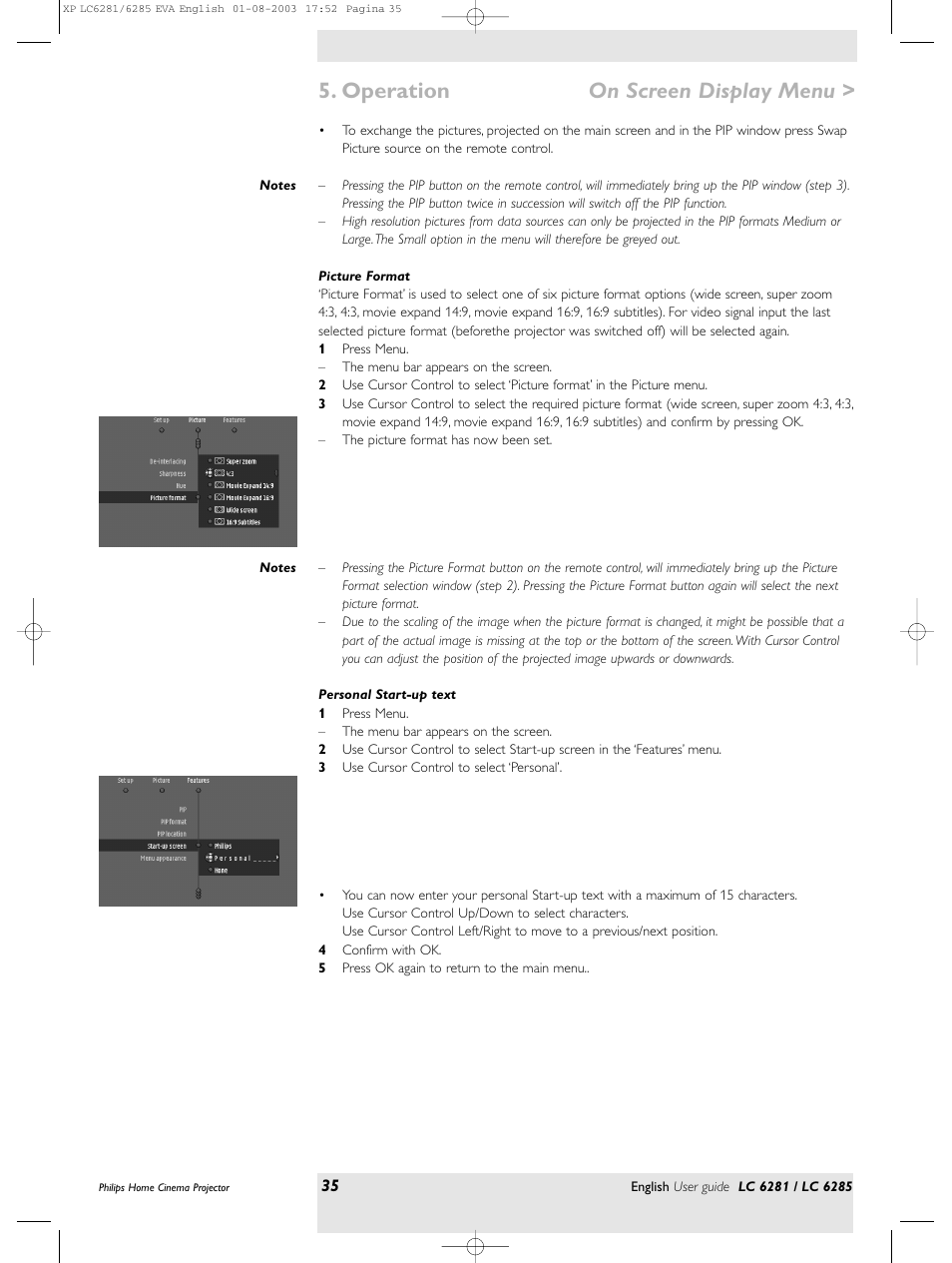 Operation on screen display menu | Philips LC 6285 User Manual | Page 35 / 44