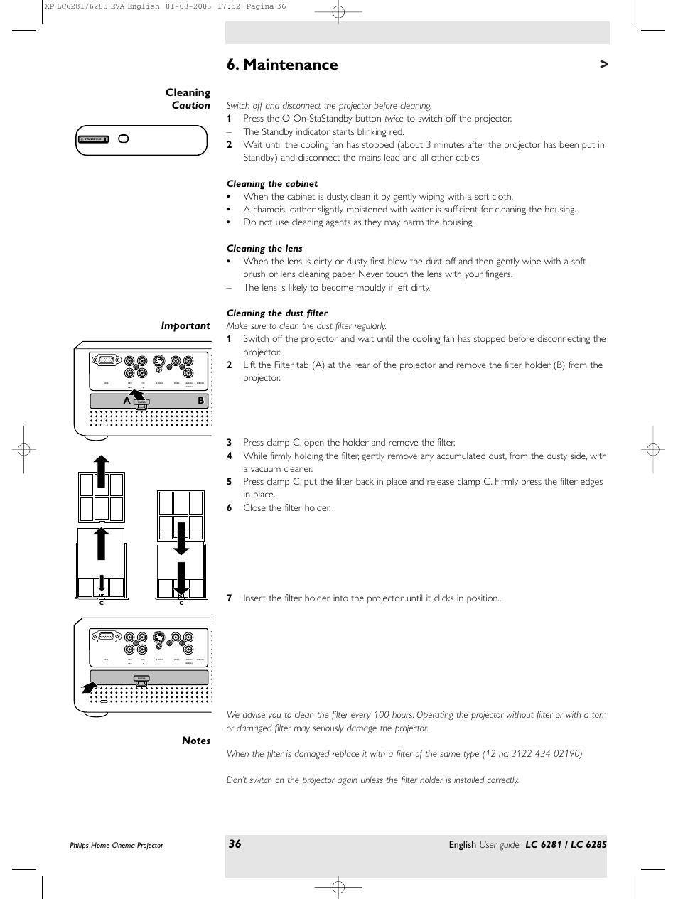 Maintenance | Philips LC 6285 User Manual | Page 36 / 44