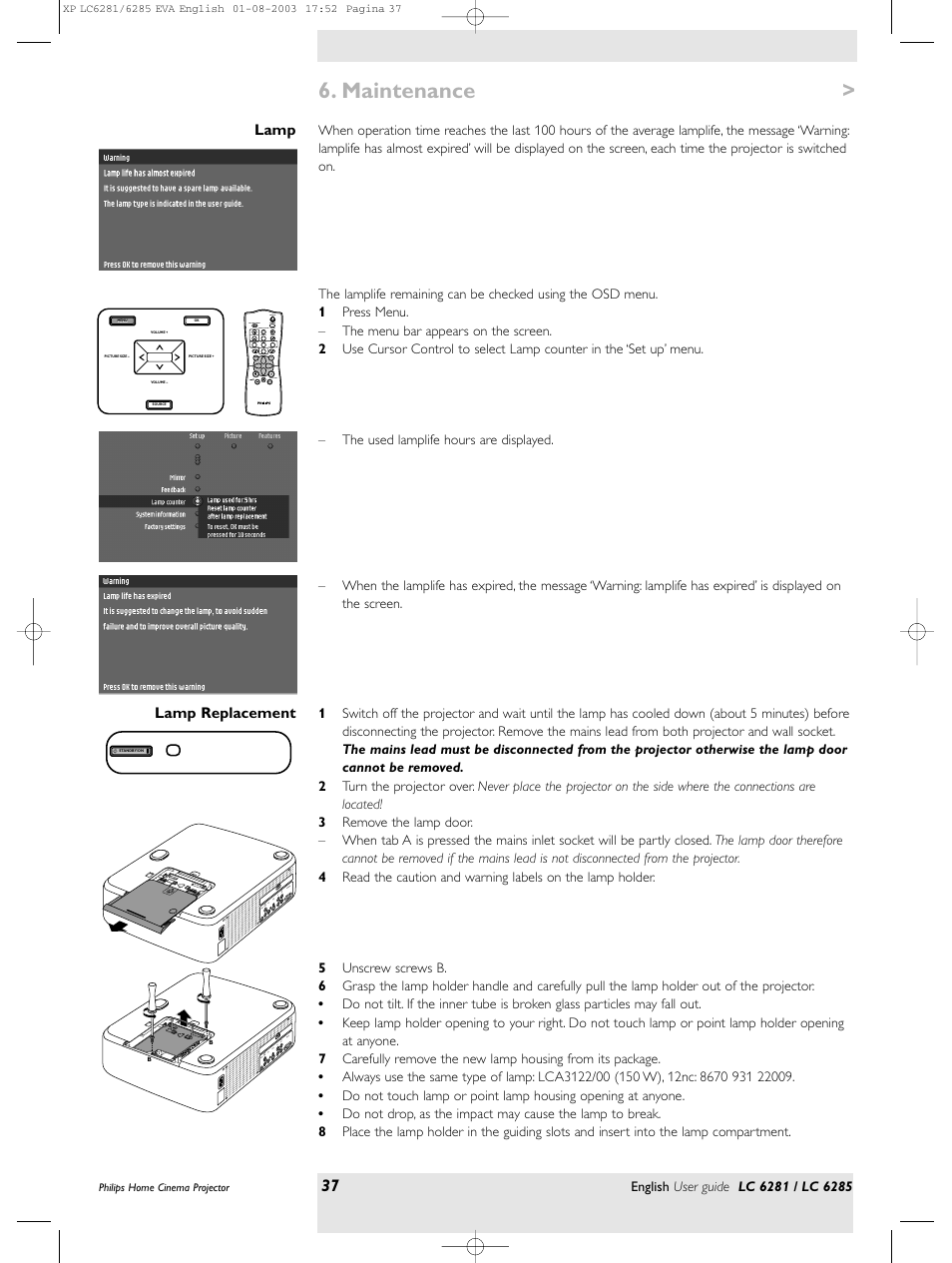 Maintenance | Philips LC 6285 User Manual | Page 37 / 44