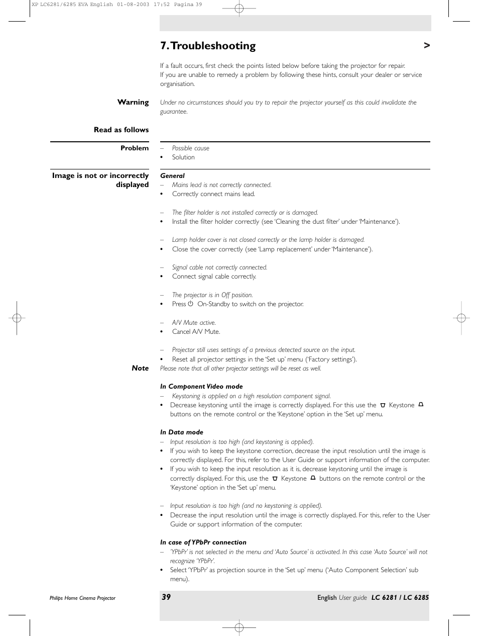 Troubleshooting | Philips LC 6285 User Manual | Page 39 / 44