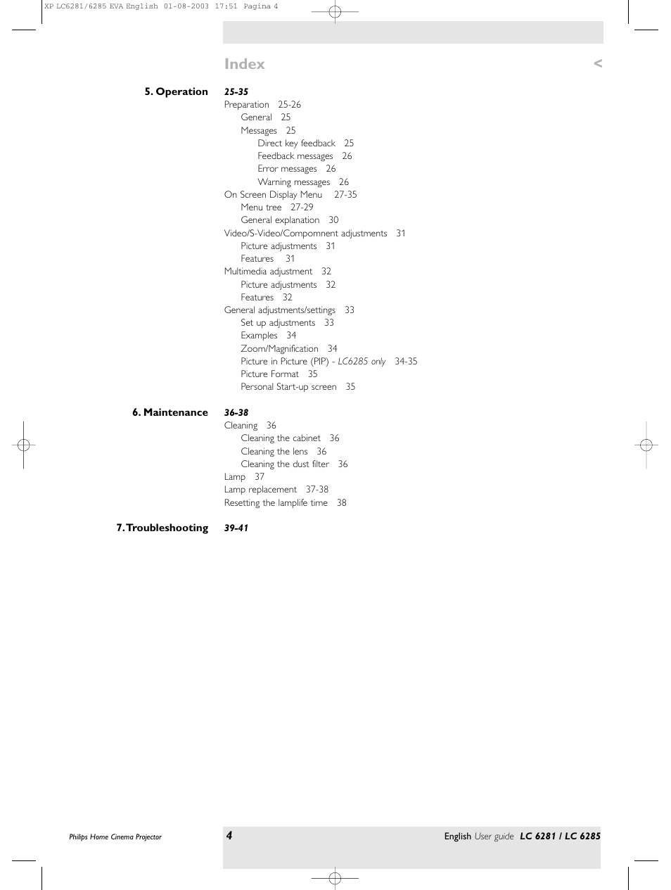 Index | Philips LC 6285 User Manual | Page 4 / 44