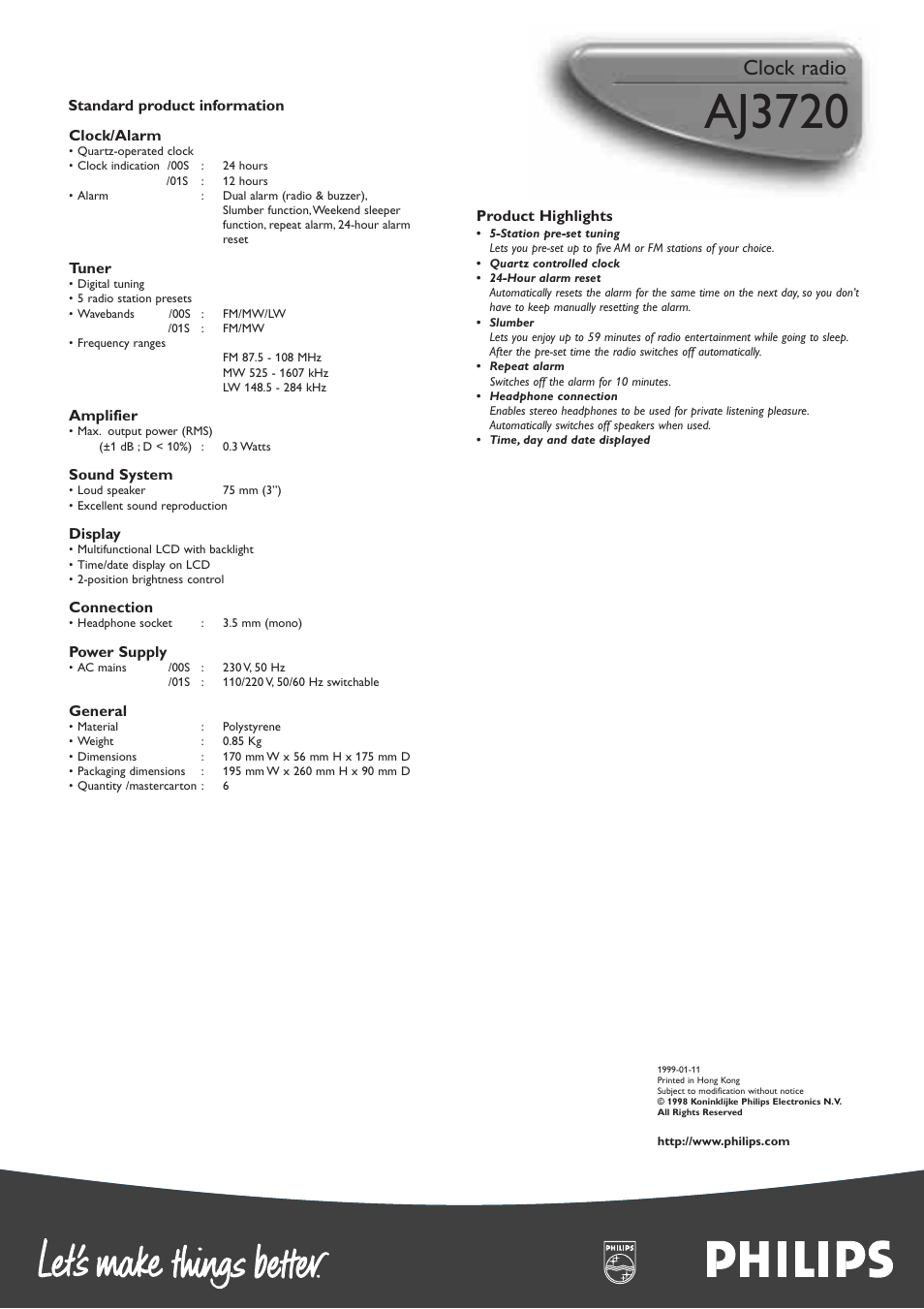 Aj3720, Clock radio | Philips AJ3720/17 User Manual | Page 2 / 2