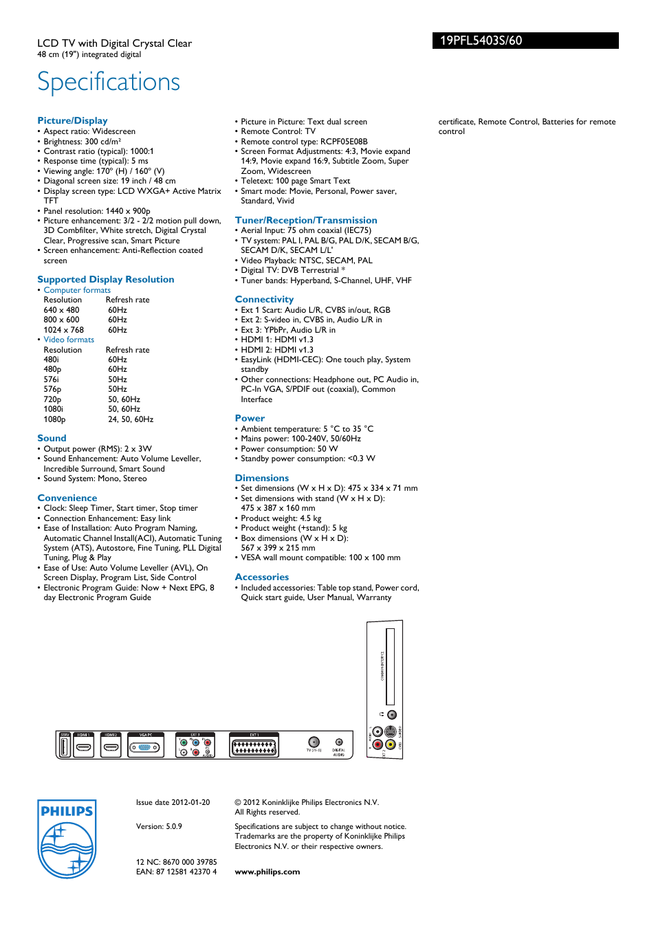 Specifications | Philips 19PFL5403S User Manual | Page 3 / 3