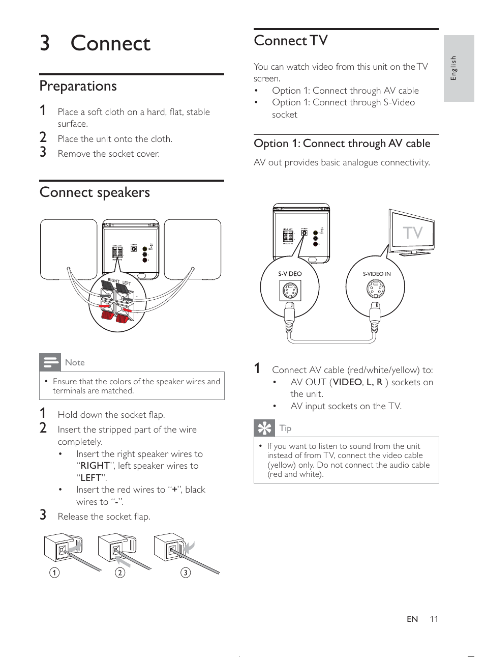 3 connect, Connect tv, Preparations 1 | Connect speakers | Philips MCD107/98 User Manual | Page 10 / 28