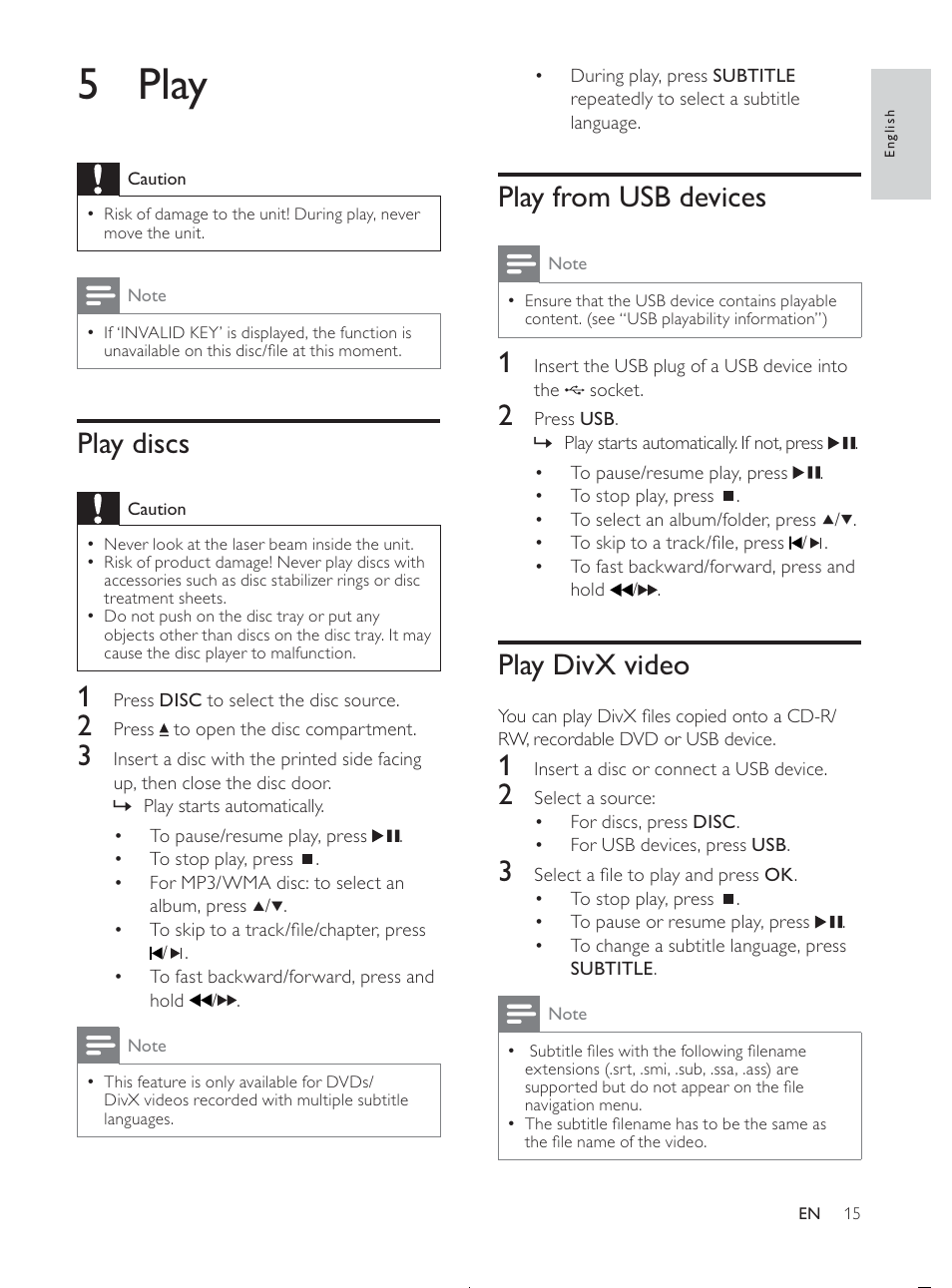 5 play, Play from usb devices, Play divx video | Play discs | Philips MCD107/98 User Manual | Page 14 / 28