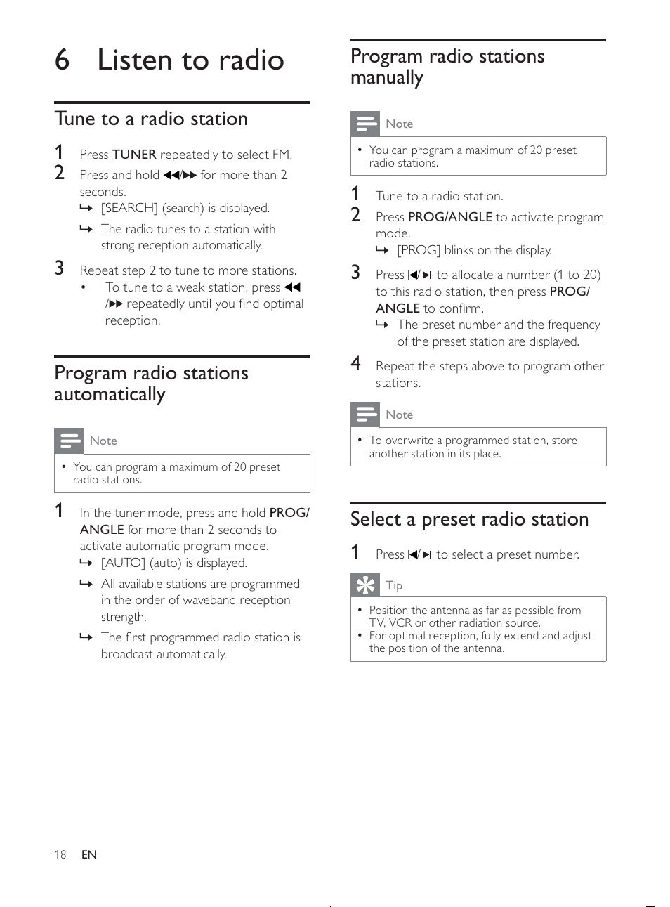 6 listen to radio, Program radio stations manually, Select a preset radio station 1 | Tune to a radio station 1, Program radio stations automatically | Philips MCD107/98 User Manual | Page 17 / 28