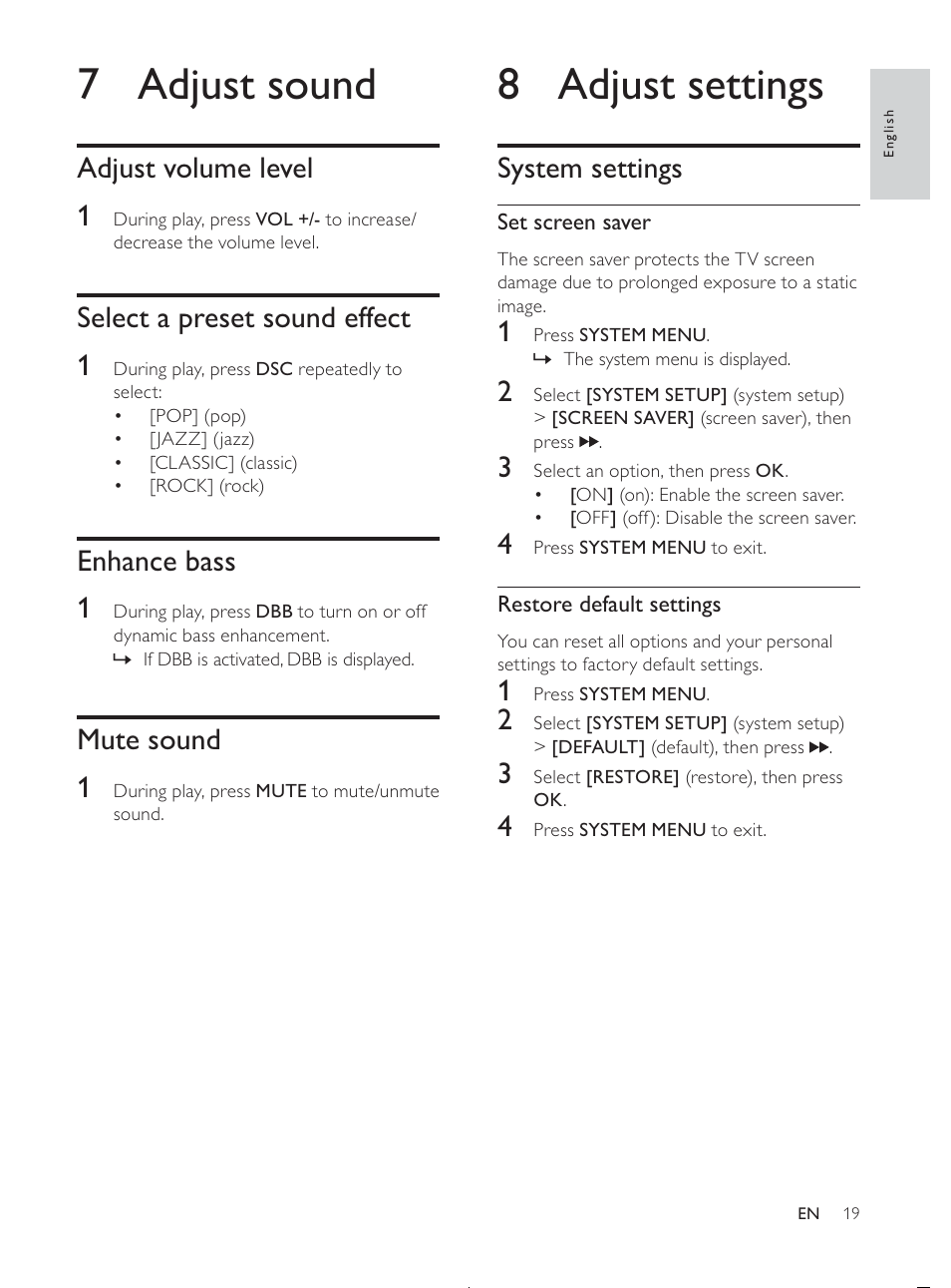 8 adjust settings, 7 adjust sound, System settings | Adjust volume level 1, Select a preset sound effect 1, Enhance bass 1, Mute sound 1 | Philips MCD107/98 User Manual | Page 18 / 28