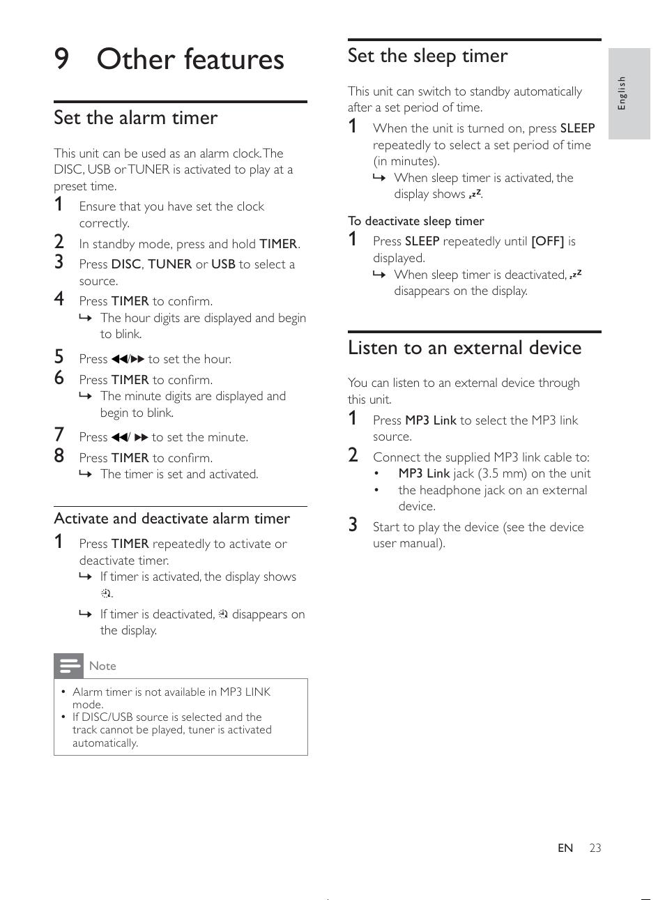 9 other features, Set the sleep timer, Listen to an external device | Set the alarm timer | Philips MCD107/98 User Manual | Page 22 / 28