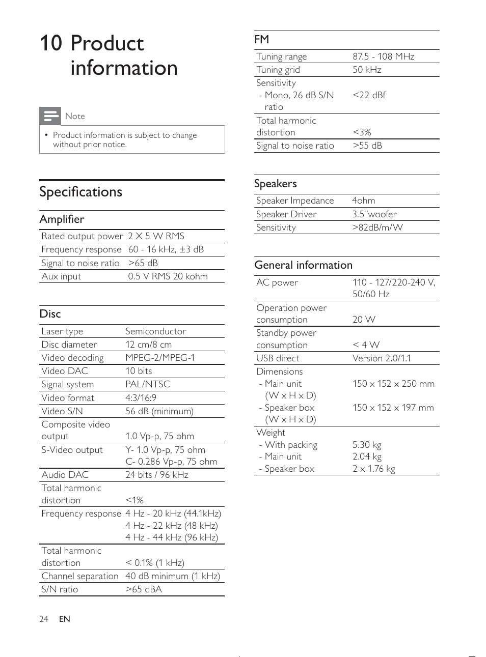 10 product information, 6shflàfdwlrqv | Philips MCD107/98 User Manual | Page 23 / 28