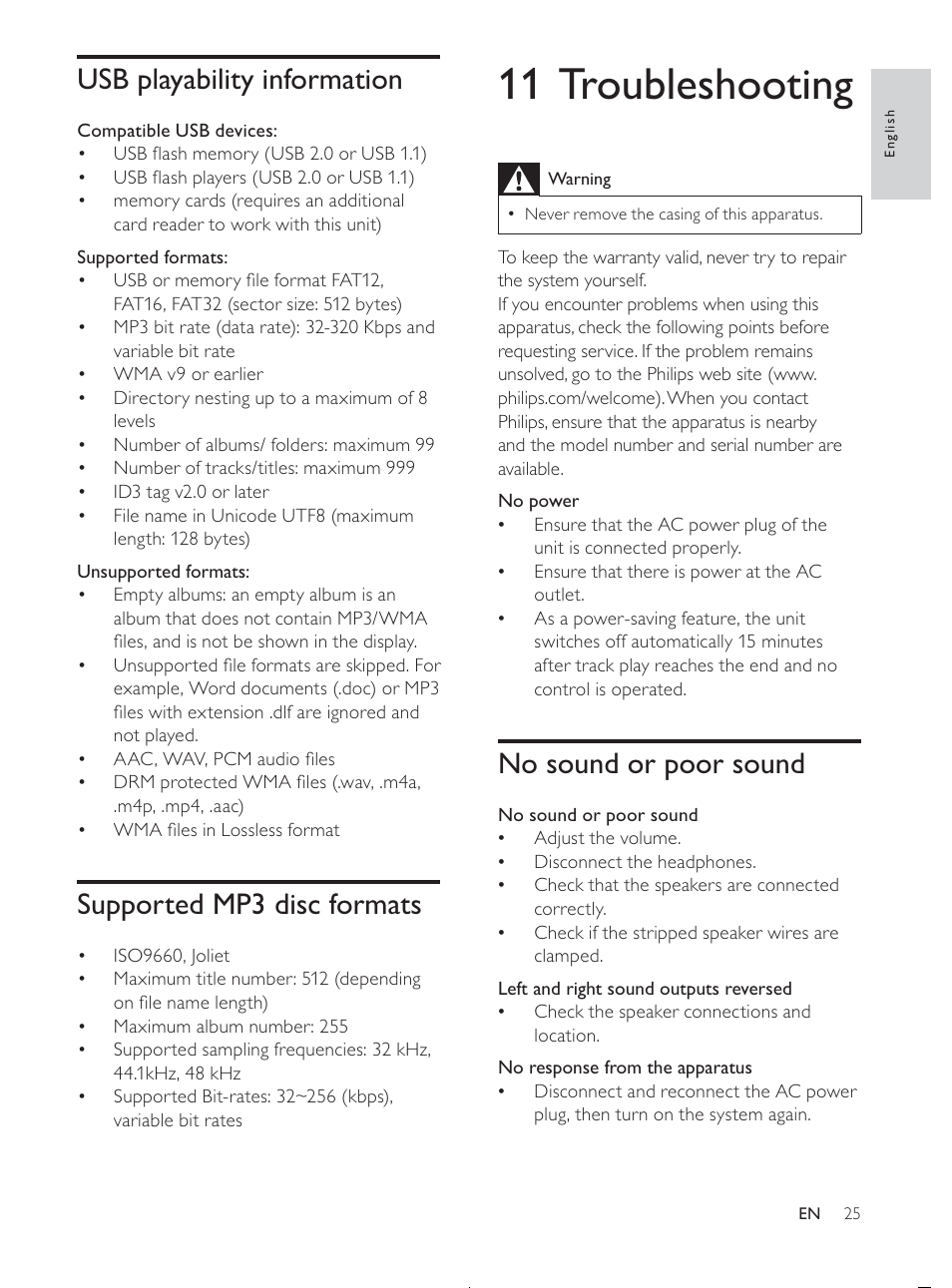 11 troubleshooting, No sound or poor sound, Usb playability information | Supported mp3 disc formats | Philips MCD107/98 User Manual | Page 24 / 28