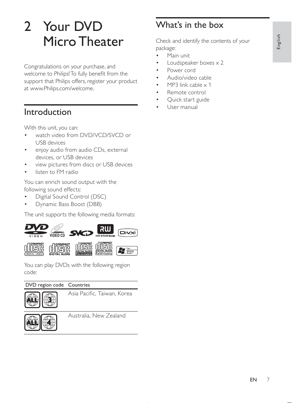 2 your dvd micro theater, What’s in the box, Introduction | Philips MCD107/98 User Manual | Page 6 / 28