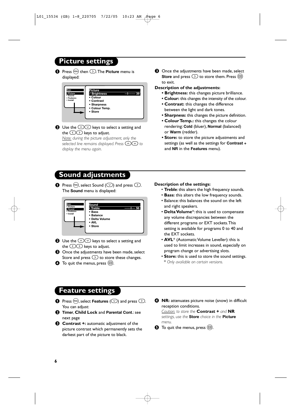 Picture settings sound adjustments, Feature settings | Philips 14PT2666/58 User Manual | Page 10 / 17