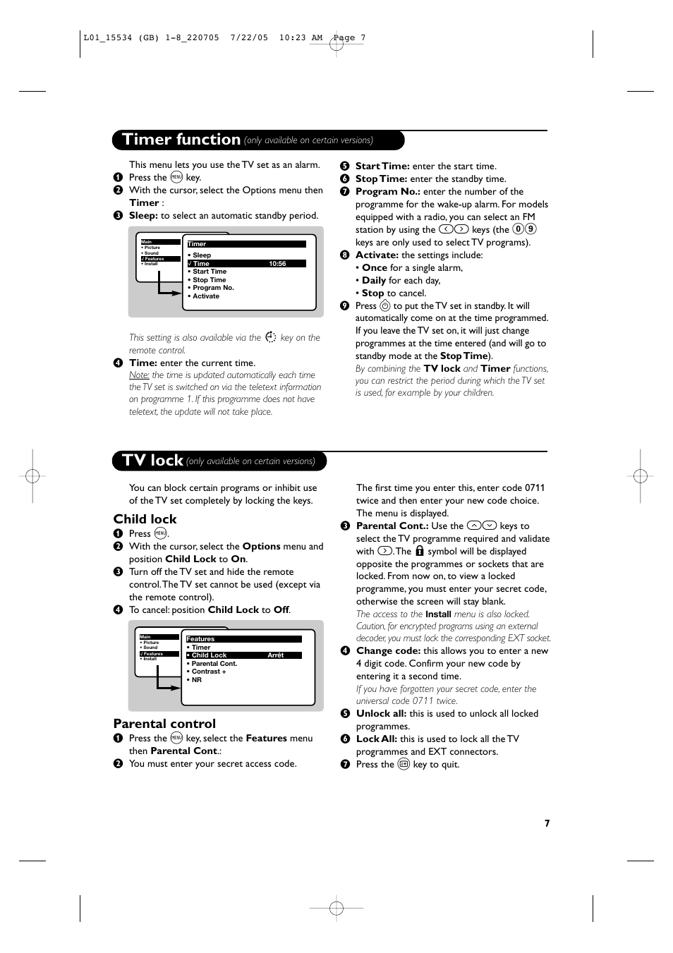 Timer function, Tv lock, Child lock | Parental control | Philips 14PT2666/58 User Manual | Page 11 / 17