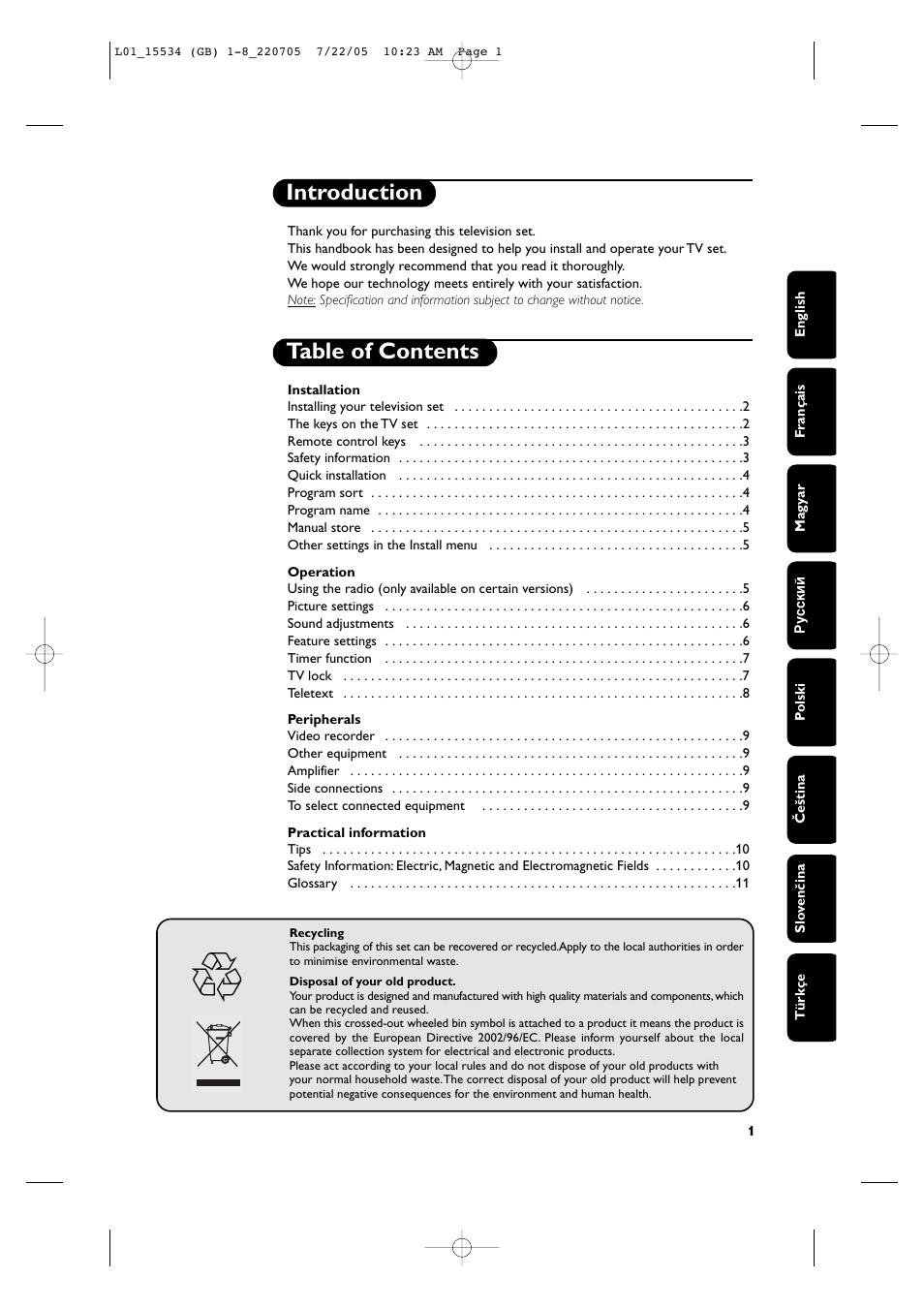 Introduction table of contents | Philips 14PT2666/58 User Manual | Page 5 / 17