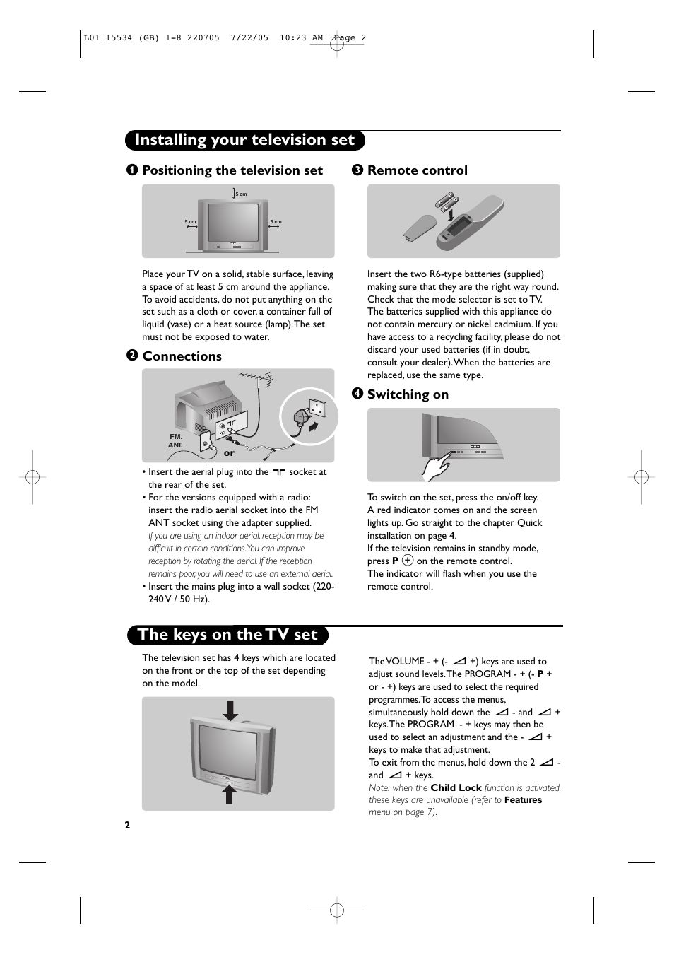 Positioning the television set, Connections, Remote control | Switching on | Philips 14PT2666/58 User Manual | Page 6 / 17