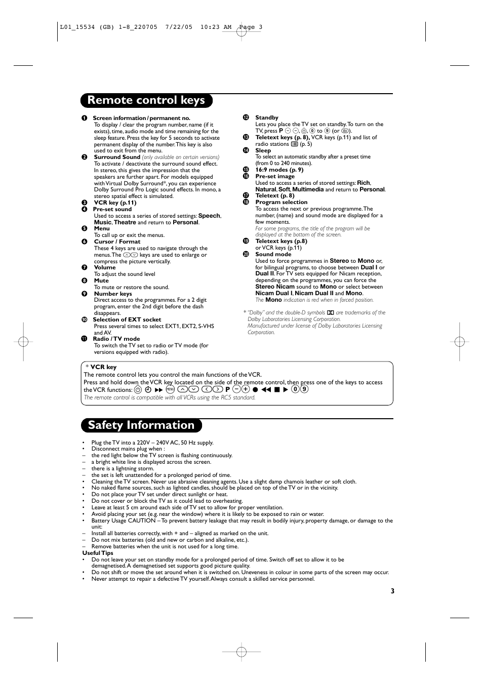 Remote control keys, Safety information, H оп и | К ж 09 | Philips 14PT2666/58 User Manual | Page 7 / 17