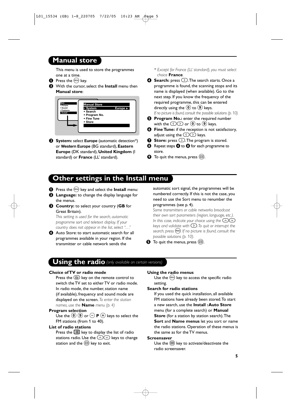 Manual store other settings in the install menu, Using the radio | Philips 14PT2666/58 User Manual | Page 9 / 17