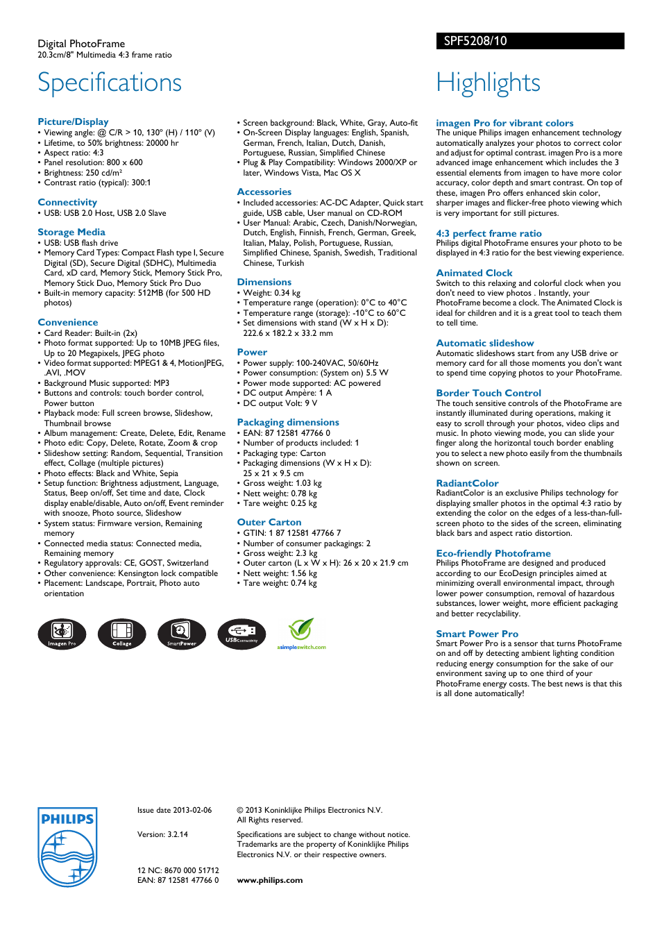 Specifications, Highlights | Philips SPF5208/10 User Manual | Page 2 / 2