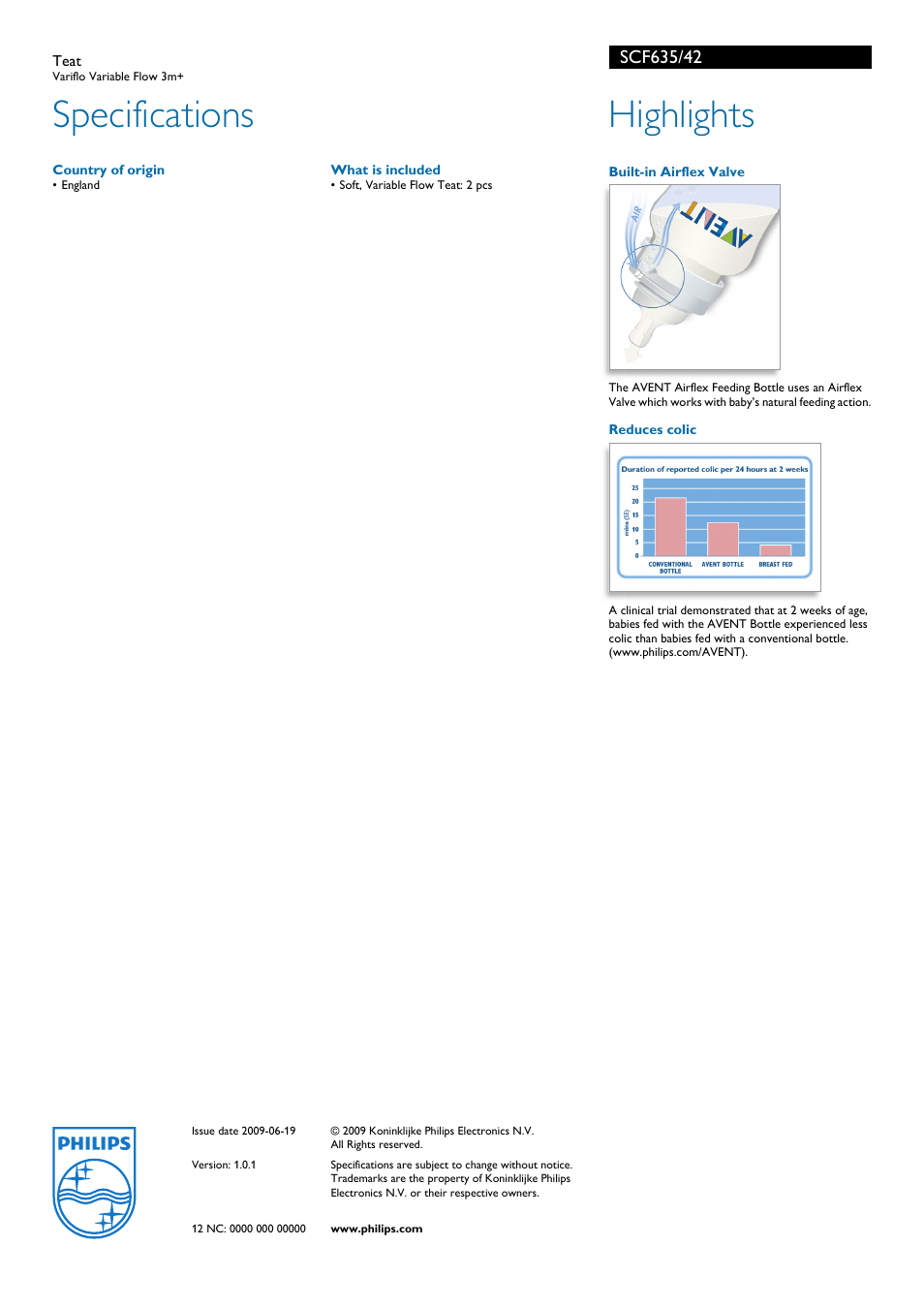 Specifications, Highlights, Philips | Philips Avent SCF635/42 User Manual | Page 2 / 2