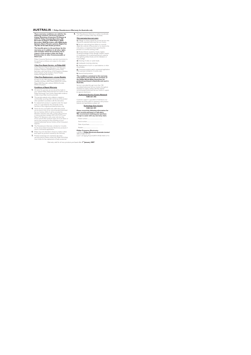 Australia | Philips AJ3120/79 User Manual | Page 7 / 11