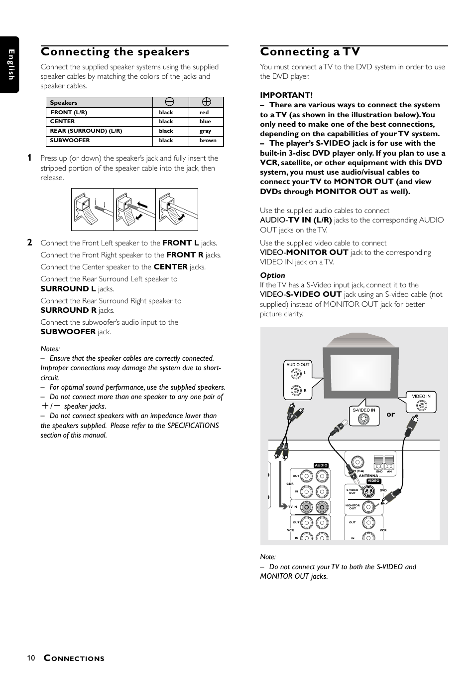 Connecting the speakers, Connecting a tv, 10 english | Philips MX5000/37 User Manual | Page 12 / 27