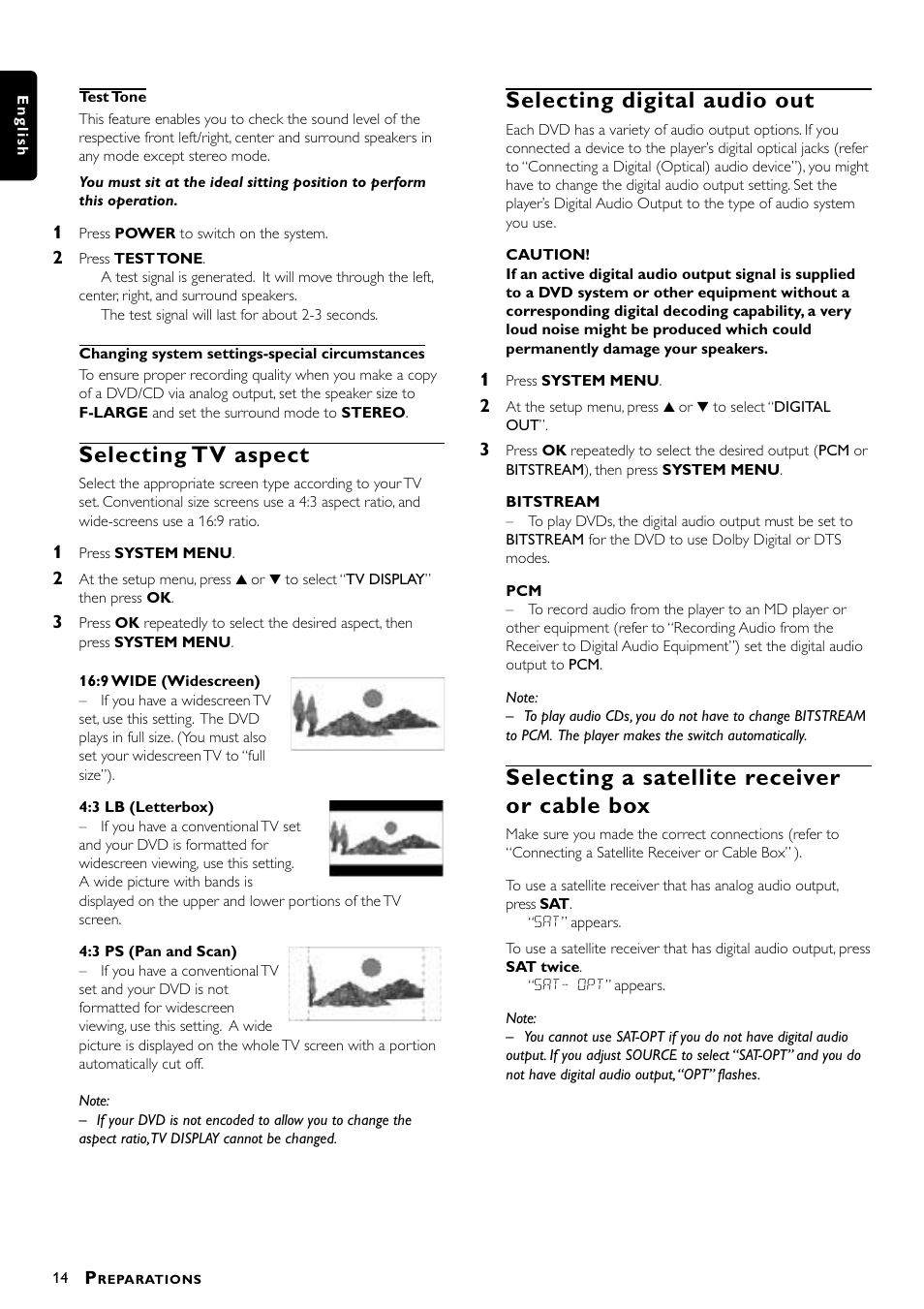 Selecting tv aspect, Selecting digital audio out, Selecting a satellite receiver or cable box | Philips MX5000/37 User Manual | Page 16 / 27