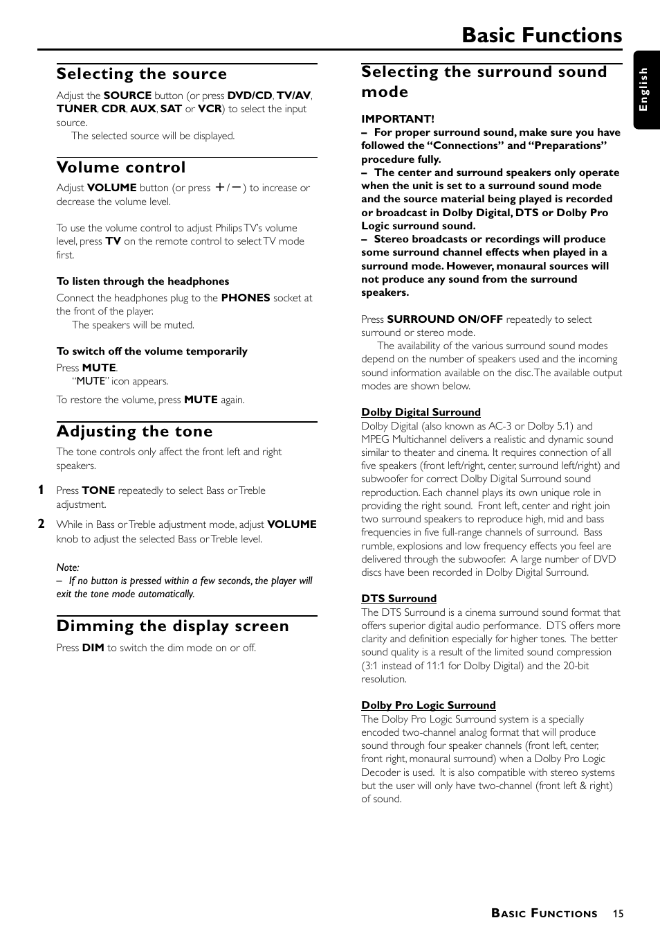 Basic functions, Selecting the source, Volume control | Adjusting the tone, Dimming the display screen, Selecting the surround sound mode | Philips MX5000/37 User Manual | Page 17 / 27