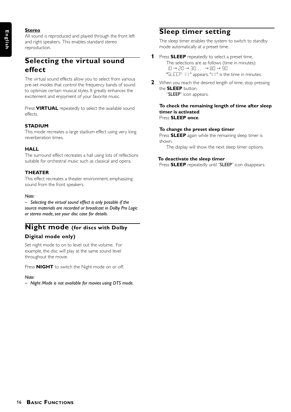 Selecting the virtual sound effect, Night mode, Sleep timer setting | Philips MX5000/37 User Manual | Page 18 / 27