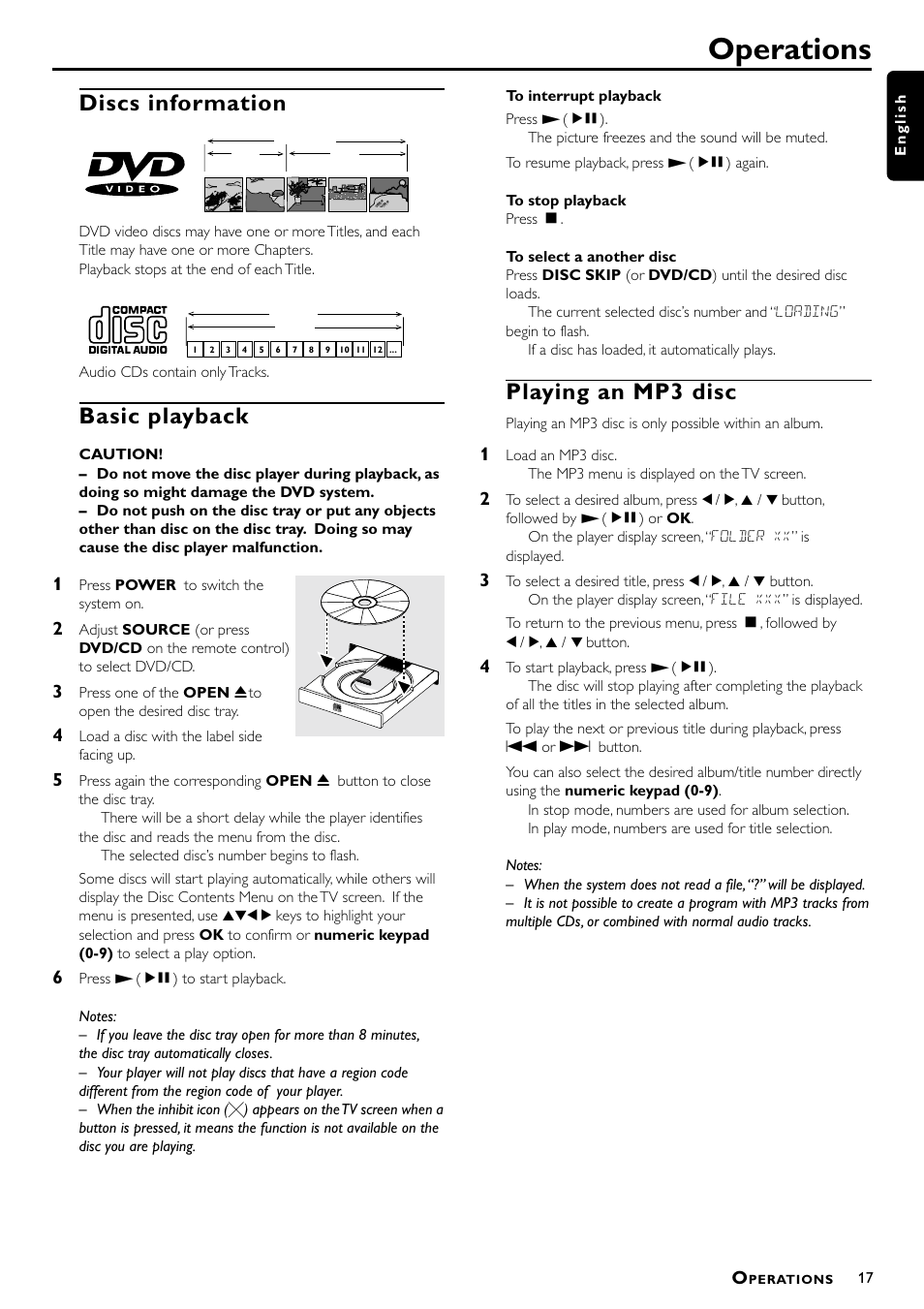 Operations, Discs information, Basic playback | Playing an mp3 disc | Philips MX5000/37 User Manual | Page 19 / 27