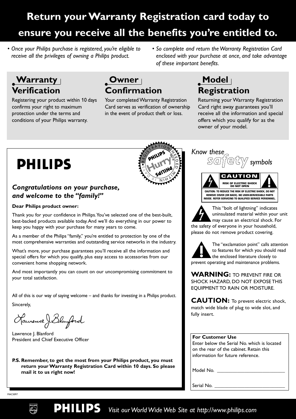 Ssa affe etty y, Hurry, Warranty verification | Owner confirmation, Model registration, Know these, Symbols | Philips MX5000/37 User Manual | Page 2 / 27