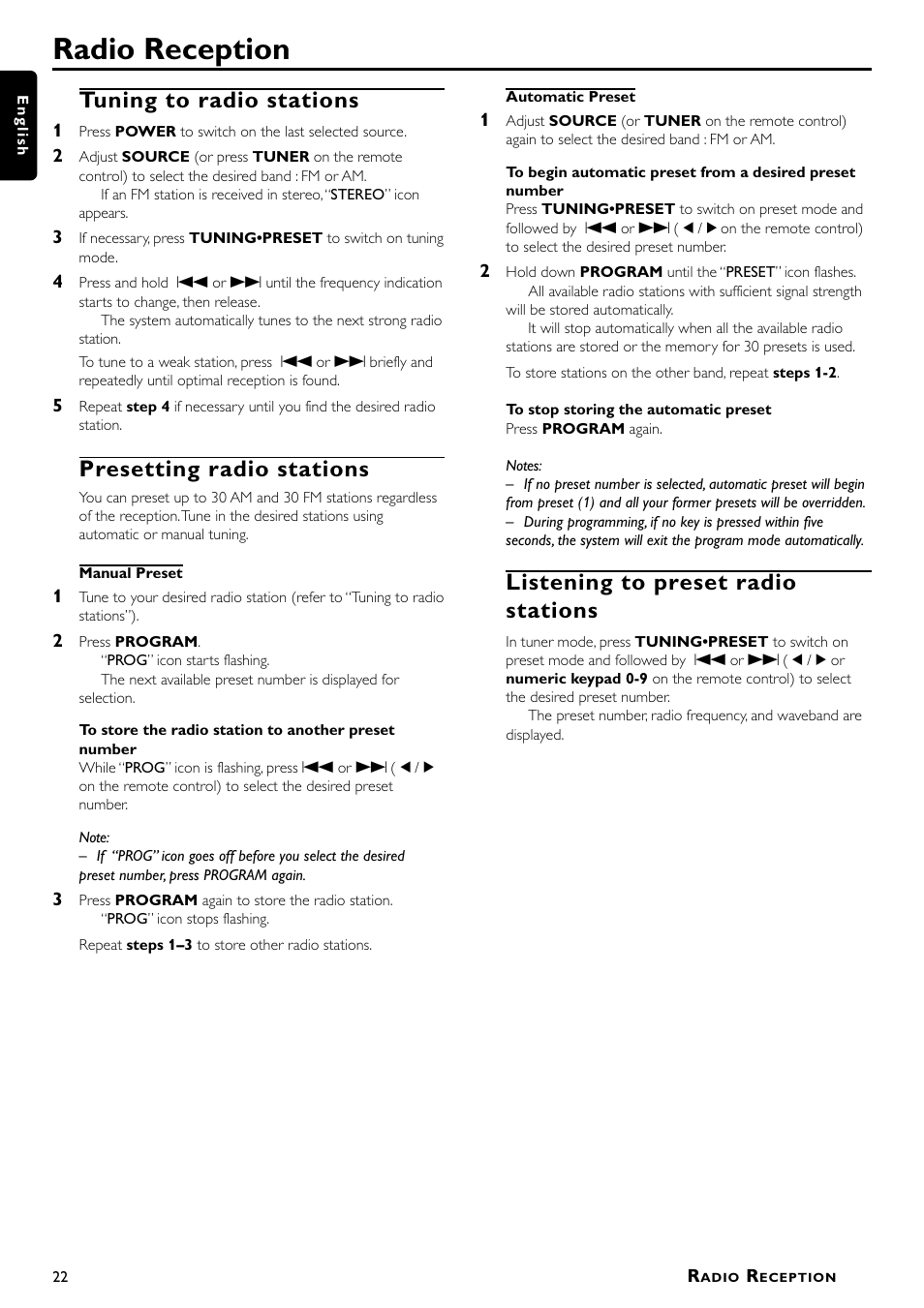 Radio reception, Tuning to radio stations, Presetting radio stations | Listening to preset radio stations | Philips MX5000/37 User Manual | Page 24 / 27